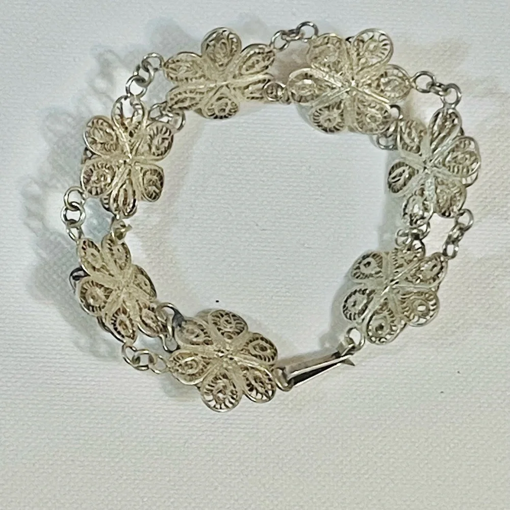 Antique? VTG? Sterling Silver Bracelet Filigree Flower Linked Sz 7 “ 18 G